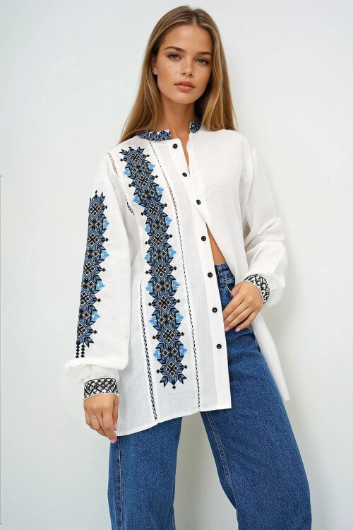 Ekru Hakim Yaka Nakışlı Keten Gömlek