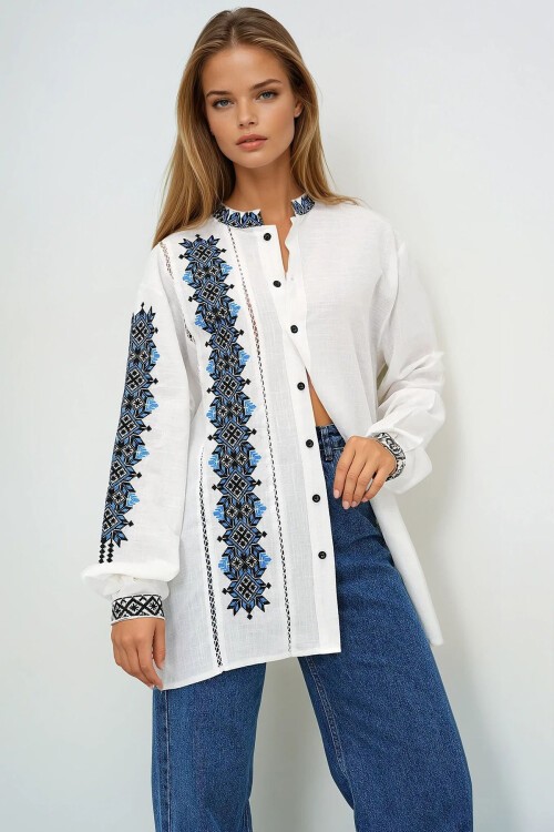 Ekru Hakim Yaka Nakışlı Keten Gömlek