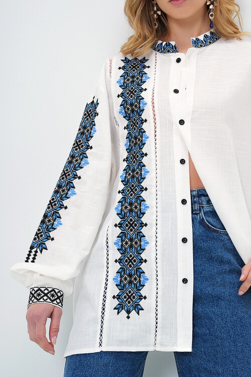 Ekru Hakim Yaka Nakışlı Keten Gömlek