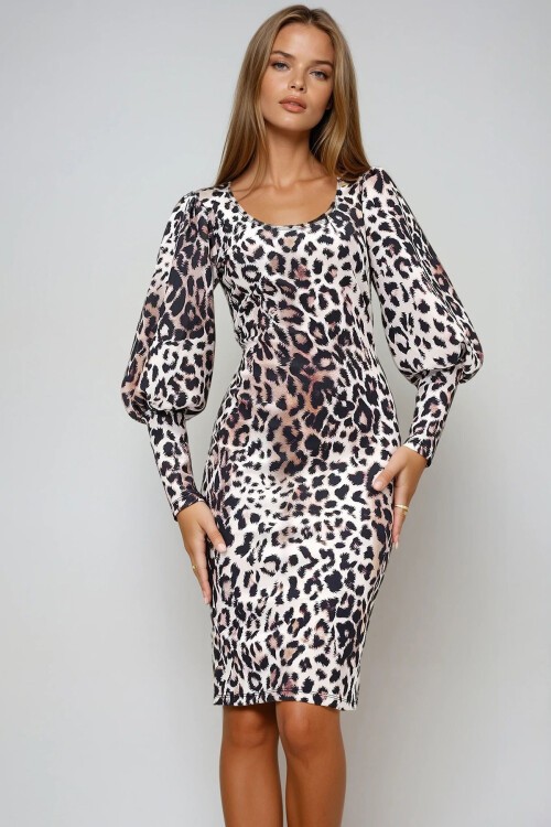Ekru Siyah Kayık Yaka Leopar Desenli Prenses Kol Midi Boy Scuba Elbise