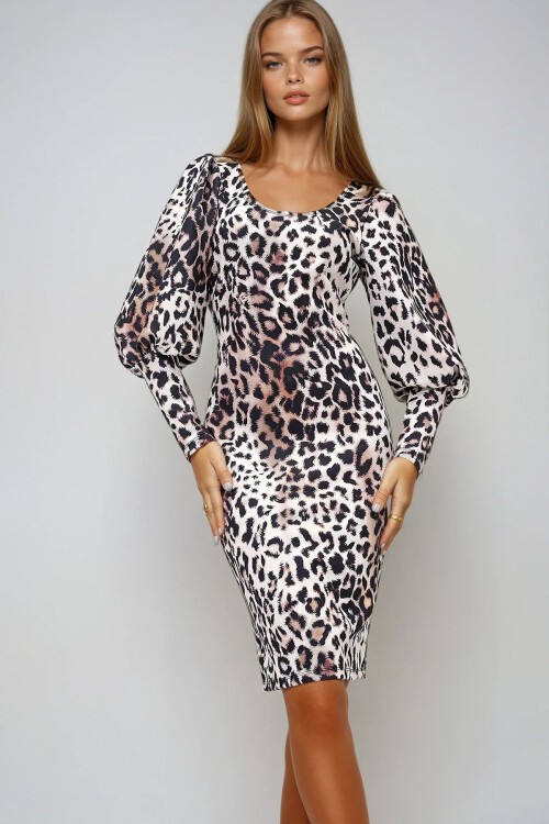 Ekru Siyah Kayık Yaka Leopar Desenli Prenses Kol Midi Boy Scuba Elbise