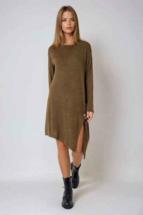 Haki Asimetrik Kesim Düğme Detaylı Viscon Elbise