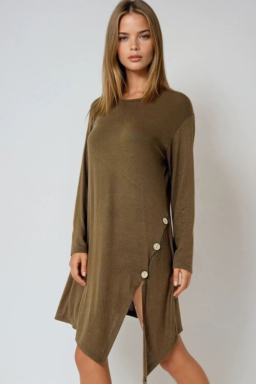 Haki Asimetrik Kesim Düğme Detaylı Viscon Elbise