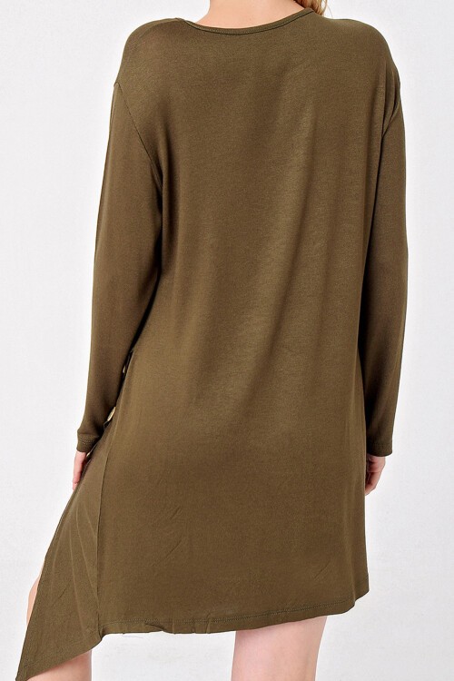 Haki Asimetrik Kesim Düğme Detaylı Viscon Elbise