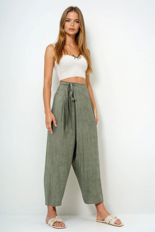 Haki Bağlama Detaylı Şalvar Kesim Aerobin Pantolon