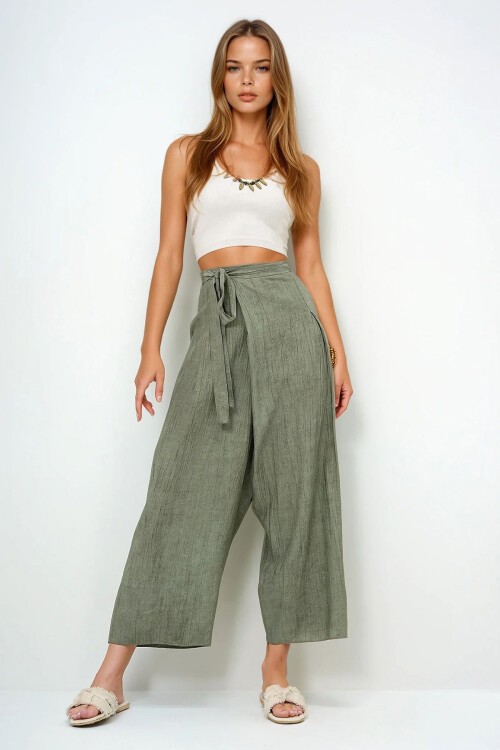 Haki Bağlama Detaylı Şalvar Kesim Aerobin Pantolon