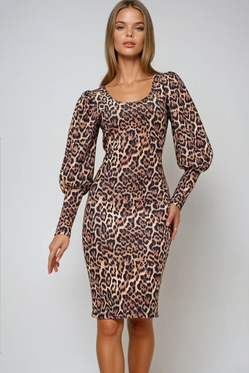 Hardal Siyah Kayık Yaka Leopar Desenli Prenses Kol Midi Boy Scuba Elbise