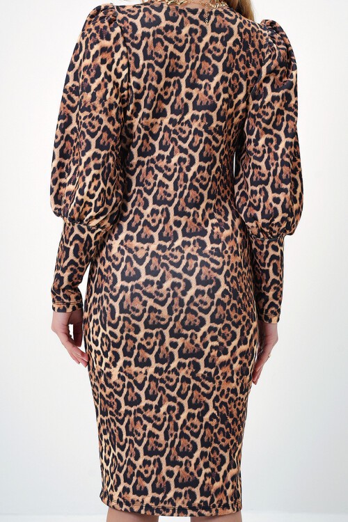 Hardal Siyah Kayık Yaka Leopar Desenli Prenses Kol Midi Boy Scuba Elbise