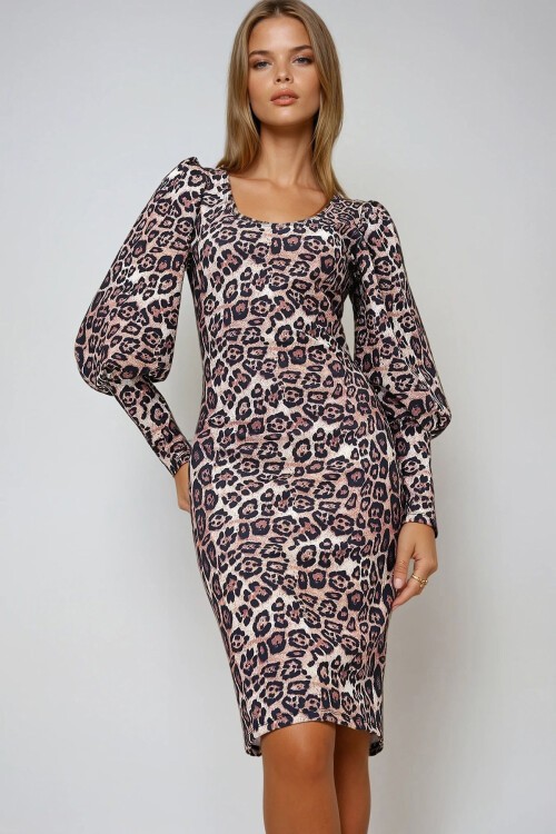 Kahve Siyah Kayık Yaka Leopar Desenli Prenses Kol Midi Boy Scuba Elbise