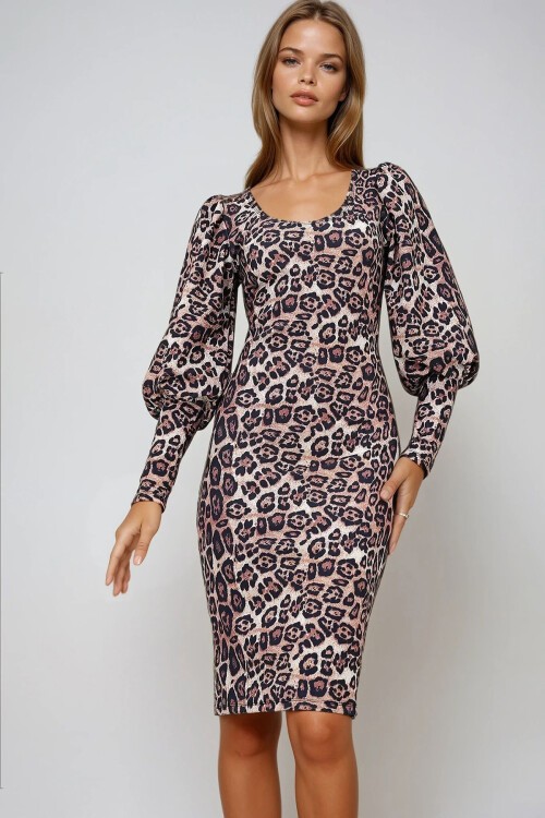 Kahve Siyah Kayık Yaka Leopar Desenli Prenses Kol Midi Boy Scuba Elbise