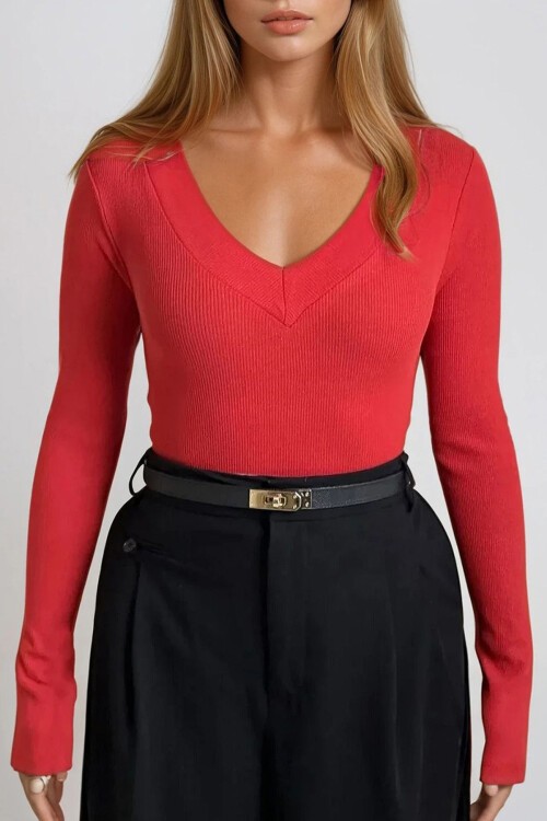 Kırmızı Önü Ve Arkası V Yaka Fitilli Örme Bluz