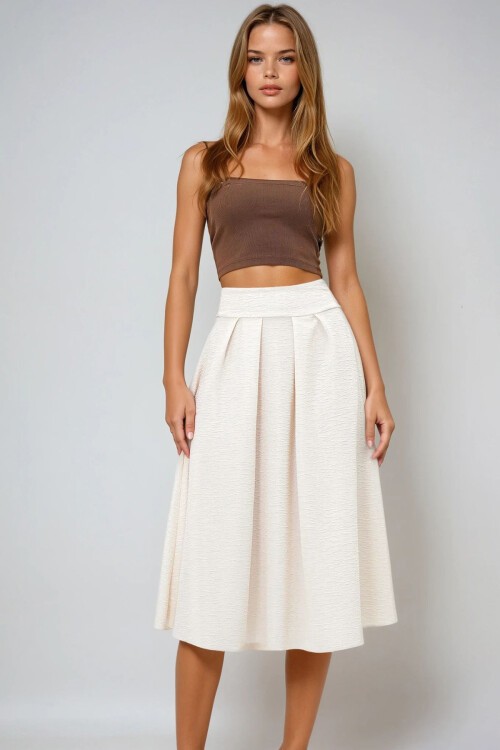 Krem Yüksek Bel Geniş Kemerli Gizli Fermuarlı Midi Boy Dokulu Etek