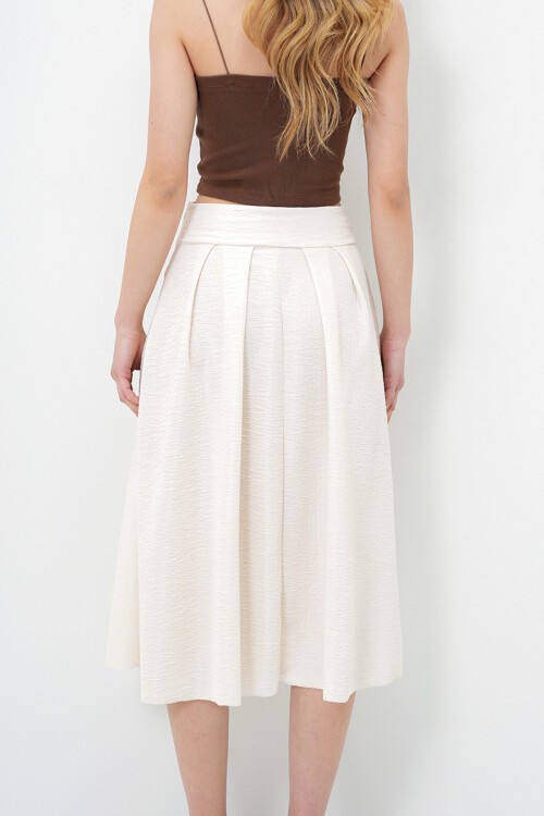 Krem Yüksek Bel Geniş Kemerli Gizli Fermuarlı Midi Boy Dokulu Etek