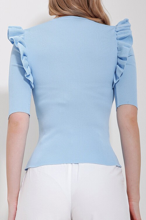 Mavi V Yaka Kolları Fırfırlı Triko Bluz