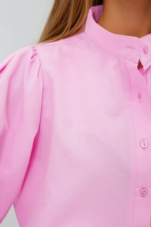 Pembe Hakim Yaka Önü Düğmeli Balon Kol Poplin Dokuma Gömlek