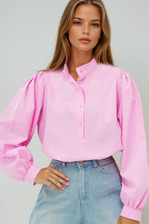 Pembe Hakim Yaka Önü Düğmeli Balon Kol Poplin Dokuma Gömlek