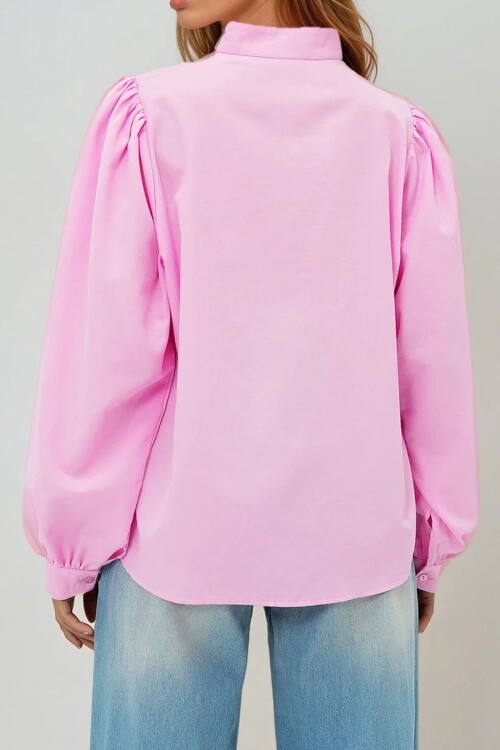 Pembe Hakim Yaka Önü Düğmeli Balon Kol Poplin Dokuma Gömlek