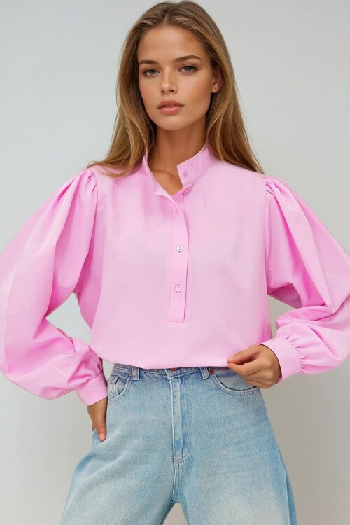 Pembe Hakim Yaka Önü Düğmeli Balon Kol Poplin Dokuma Gömlek
