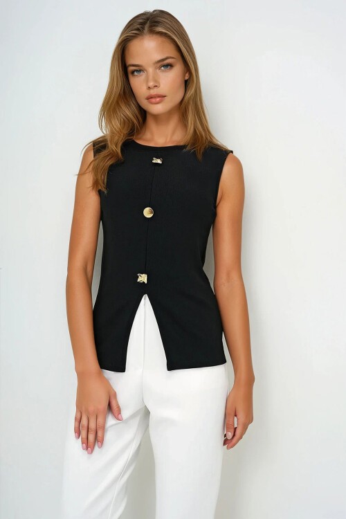 Siyah Bisiklet Yaka Gold Düğmeli Ottoban Bluz