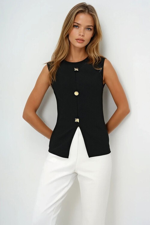 Siyah Bisiklet Yaka Gold Düğmeli Ottoban Bluz