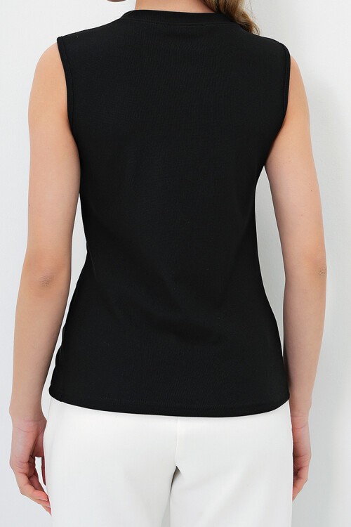 Siyah Bisiklet Yaka Gold Düğmeli Ottoban Bluz