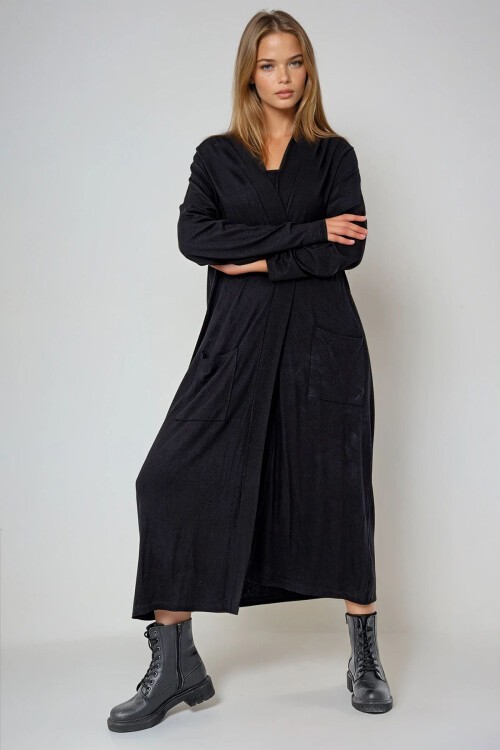 Siyah Çift Cep Maxı Boy Viscon Hırka