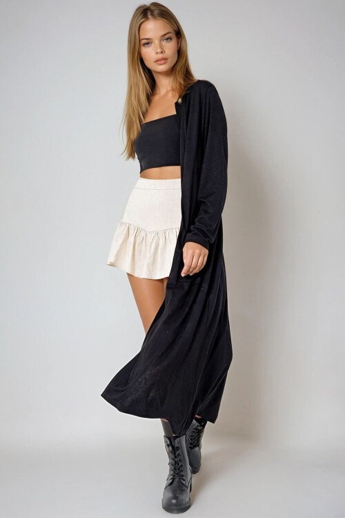 Siyah Çift Cep Maxı Boy Viscon Hırka