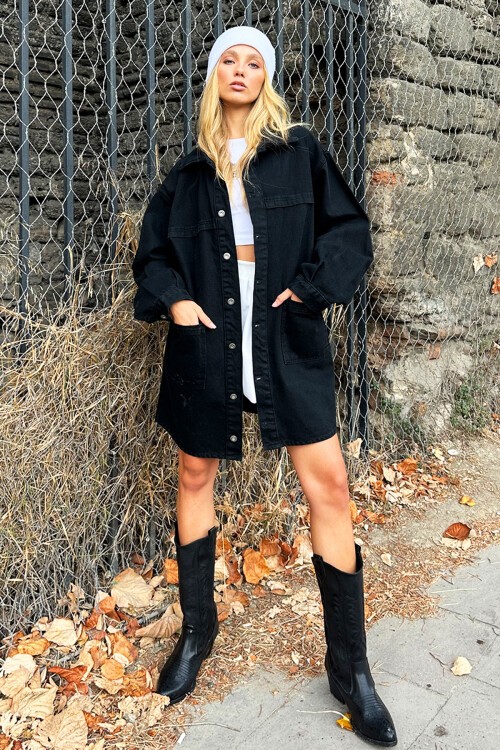 Siyah Çift Cepli Oversize Uzun Denim Ceket