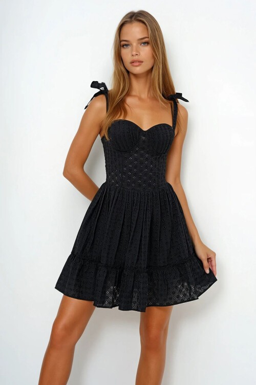 Siyah Fisto Mini Elbise