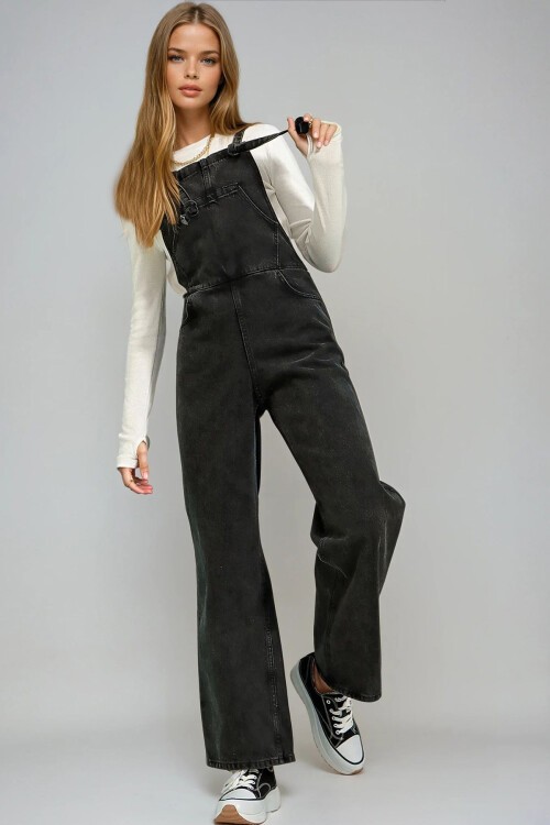 Siyah Kanguru Cepli Denim Bahçıvan Salopet