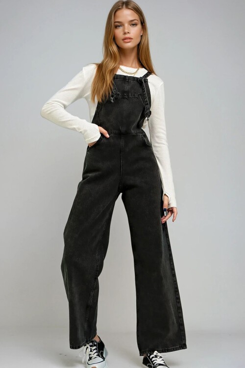 Siyah Kanguru Cepli Denim Bahçıvan Salopet