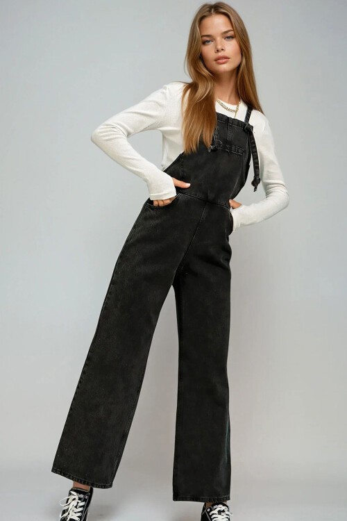 Siyah Kanguru Cepli Denim Bahçıvan Salopet