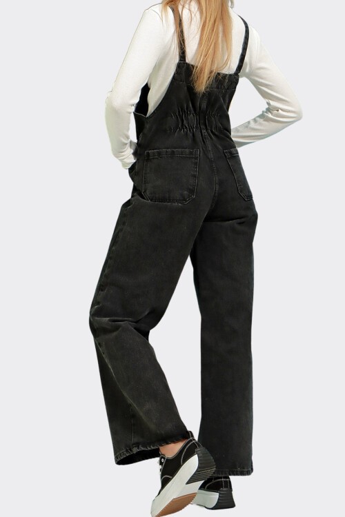 Siyah Kanguru Cepli Denim Bahçıvan Salopet