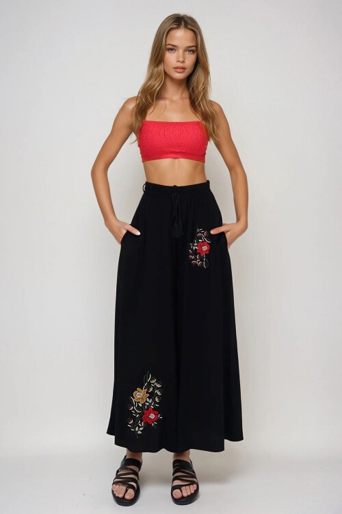 Siyah Kırmızı Etnik Nakışlı Bağlama Detaylı Dokuma Viskon Palazzo Pantolon
