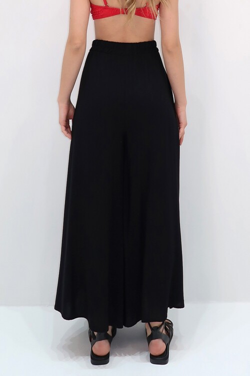 Siyah Kırmızı Etnik Nakışlı Bağlama Detaylı Dokuma Viskon Palazzo Pantolon