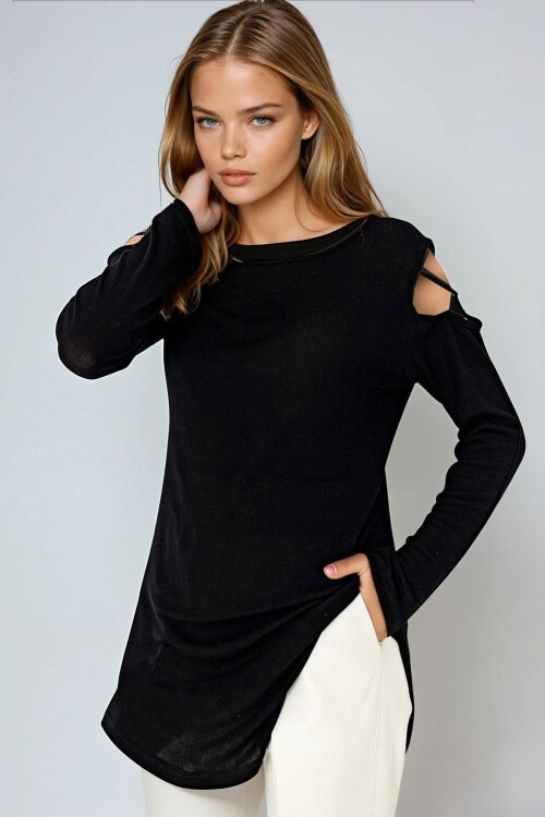 Siyah Kolu Pencereli Viscon Bluz