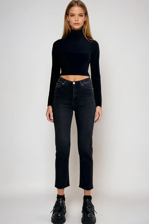 Siyah Paçası Püsküllü Slim Fit Jean Pantolon