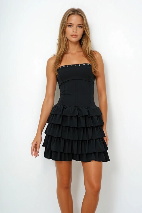 Siyah Straplez Tasarım Mini Elbise