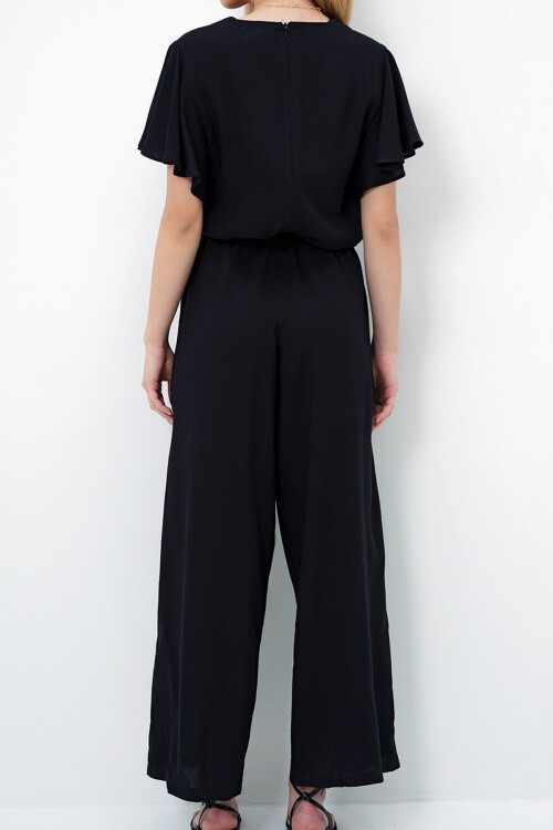 Siyah V Yaka Kolları Volanlı Kendinden Kuşaklı Dokuma Yazlık Tulum