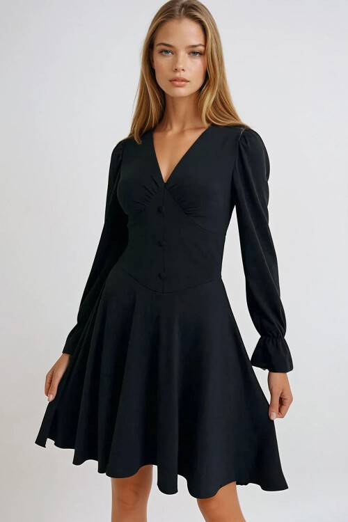 Siyah V Yaka Prenses Kol Düğme Detaylı Mini Elbise