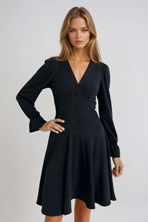 Siyah V Yaka Prenses Kol Düğme Detaylı Mini Elbise