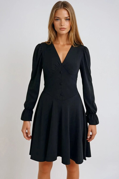 Siyah V Yaka Prenses Kol Düğme Detaylı Mini Elbise