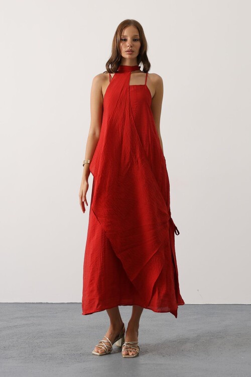 Kırmızı Asimetrik Bağlamalı Çıkarılabilir Yaka Uzun Bohem Elbise