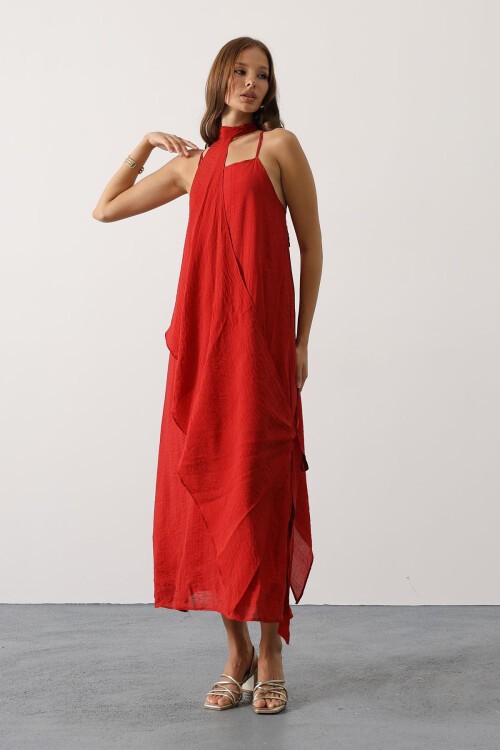 Kırmızı Asimetrik Bağlamalı Çıkarılabilir Yaka Uzun Bohem Elbise