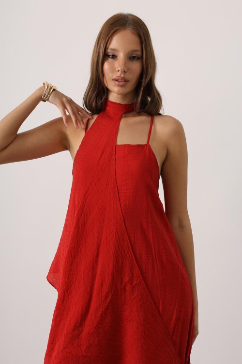 Kırmızı Asimetrik Bağlamalı Çıkarılabilir Yaka Uzun Bohem Elbise