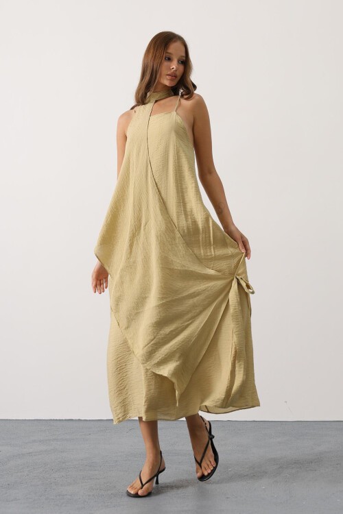 Yağ Yeşili Asimetrik Bağlamalı Çıkarılabilir Yaka Uzun Bohem Elbise