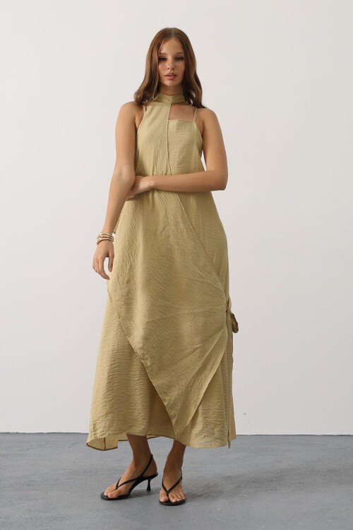 Yağ Yeşili Asimetrik Bağlamalı Çıkarılabilir Yaka Uzun Bohem Elbise