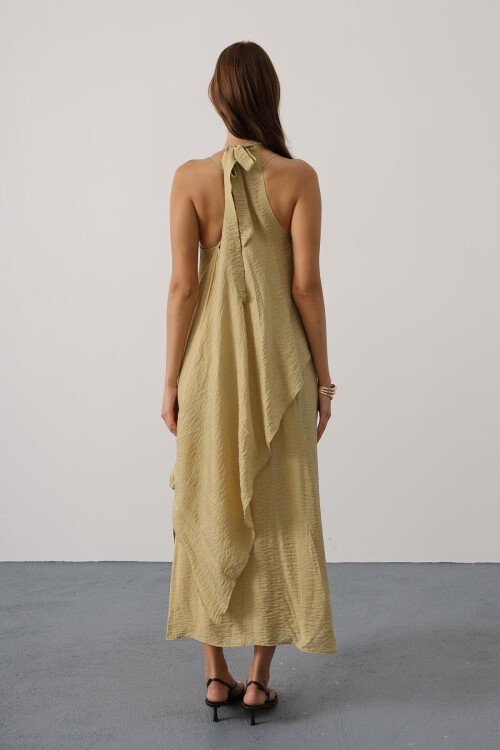 Yağ Yeşili Asimetrik Bağlamalı Çıkarılabilir Yaka Uzun Bohem Elbise