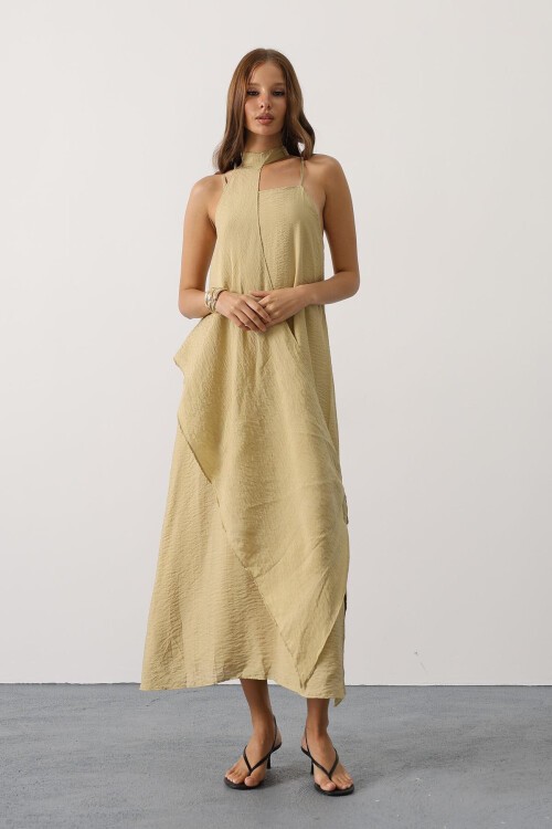 Yağ Yeşili Asimetrik Bağlamalı Çıkarılabilir Yaka Uzun Bohem Elbise