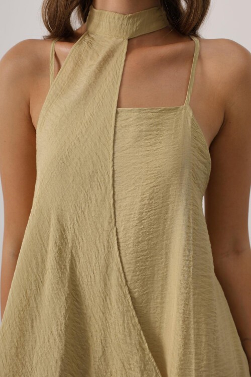 Yağ Yeşili Asimetrik Bağlamalı Çıkarılabilir Yaka Uzun Bohem Elbise